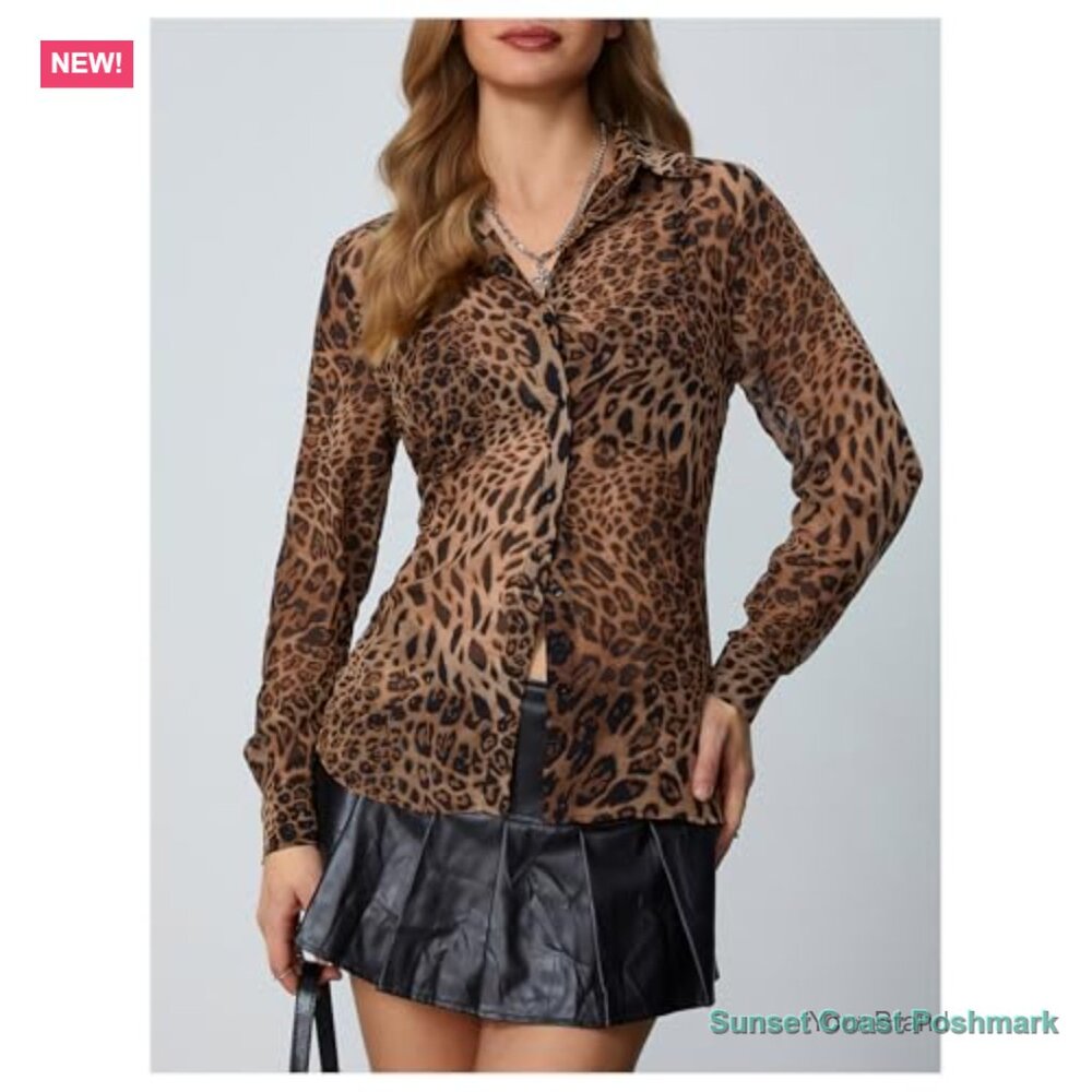 Sheer Mesh Leopard Print Button Down Chiffon Blou… - image 4